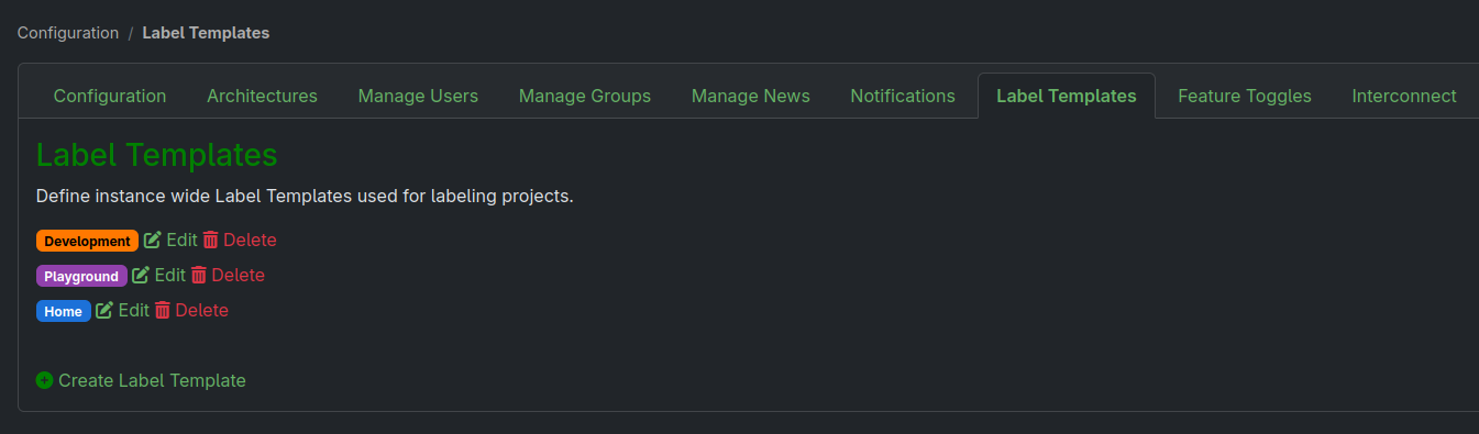 The label templates tab in the configuration page The label templates tab in the configuration page