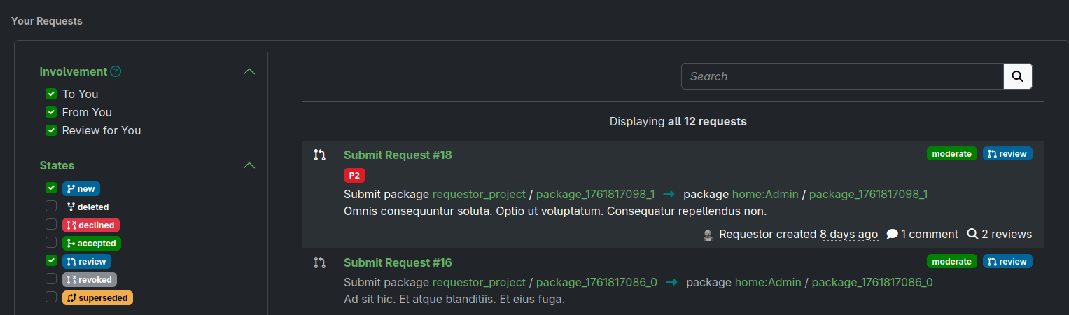 The list of requests and it's labels The list of requests and it's labels