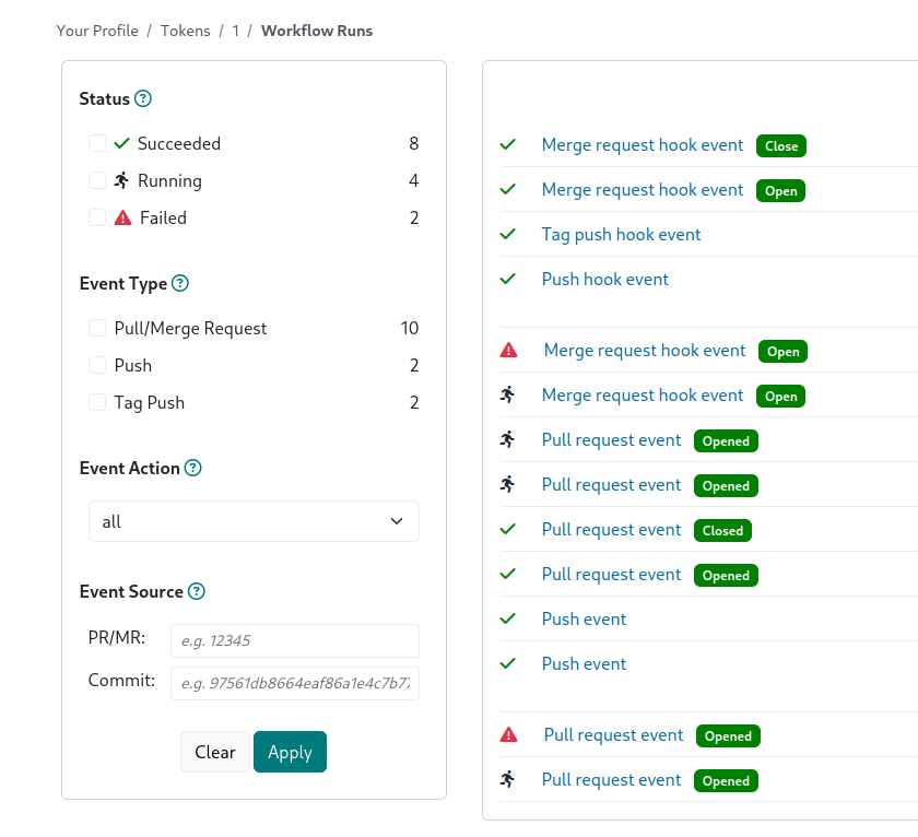 Screenshot of workflow run multiple filters