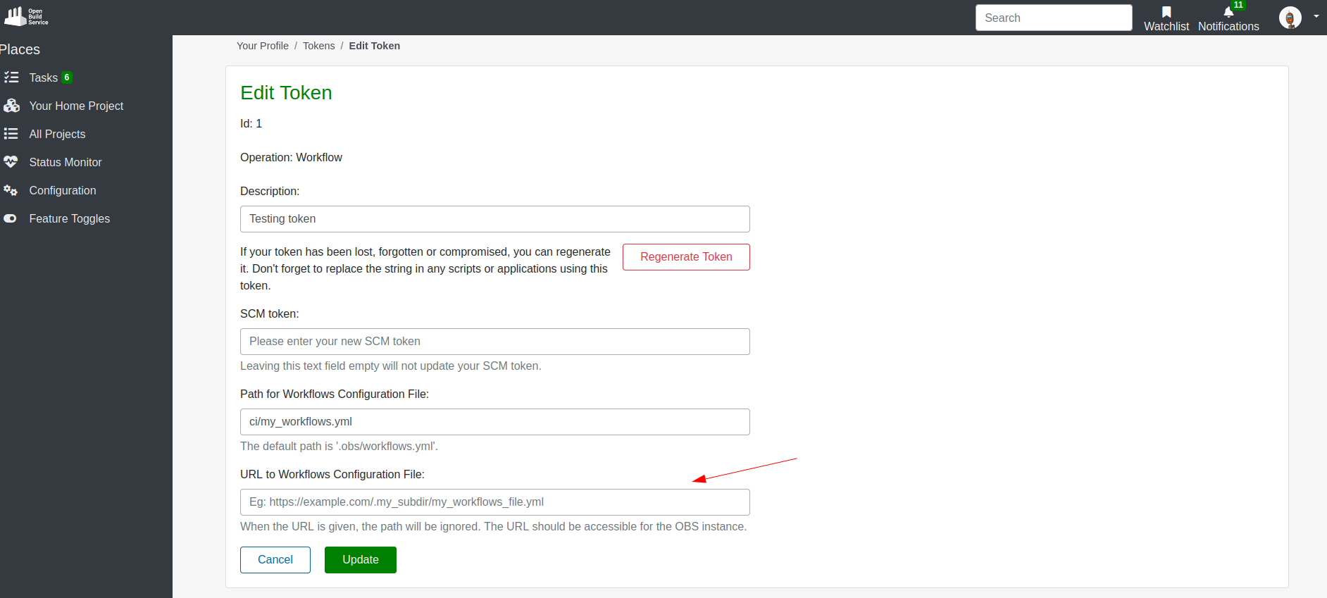 OBS Web UI - Workflow token with a URL set for the workflows configuration file